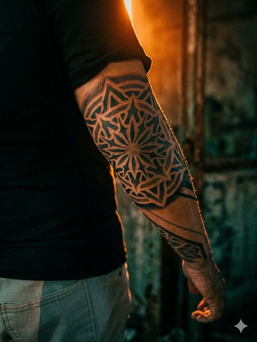 A person's arm with a geometric mandala tattoo, backlit by a warm orange glow.