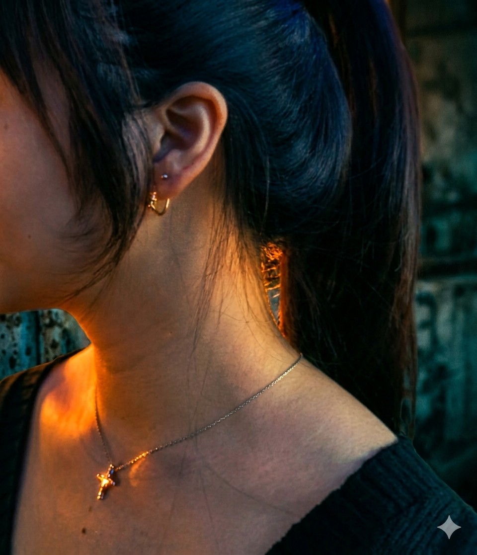 Close-up of a person's neck and ear, showing jewelry including a cross necklace and hoop earrings, with warm lighting.