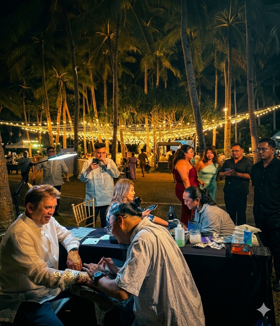 A tattoo booth at an event, with artists Matz and Kurt applying tattoos to guests under palm trees decorated with string lights at night.