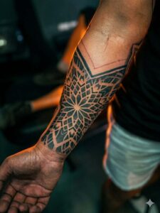 A forearm tattoo featuring a large, intricate black ink mandala with geometric patterns.