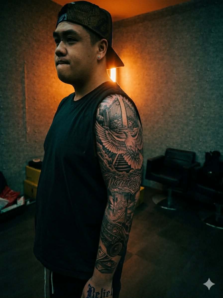 A man with a full sleeve tattoo depicting gates of heaven, a dove, and money, wearing a black tank top and a cap.