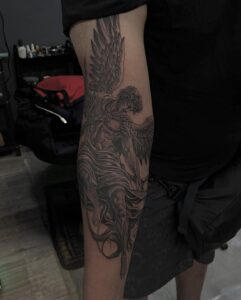 A falling winged angel with detailed feathered wings and flowing drapery, executed in a classic illustrative style.