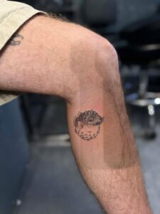 A realistic pufferfish fine-line tattoo, featuring intricate stippling and dot-work shading, custom-designed at Octosquidink Boracay.
