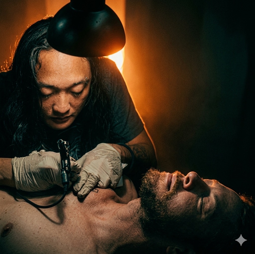 Professional tattoo artist Matz Bayeta focusing intensely while applying a precision chest tattoo on a client at Octosquidink Boracay.